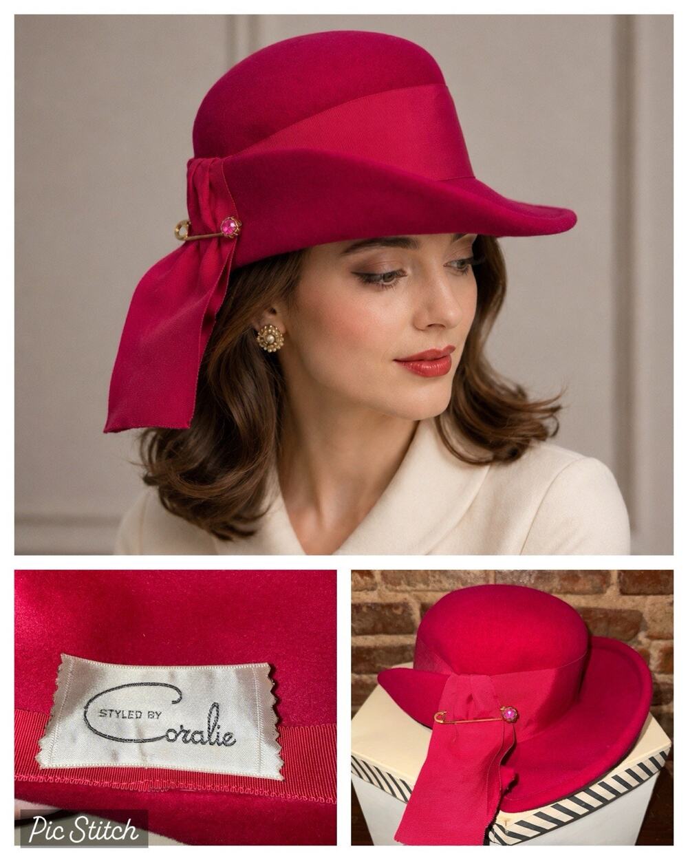 Vintage 1961 Coralie Women’s Felt Hat Hot Pink Italy Davison’s Box Receipt & Pin